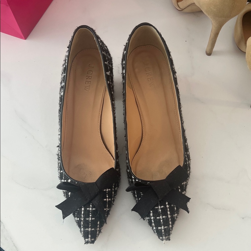 J. Crew Black and White Tweed Bow Flats